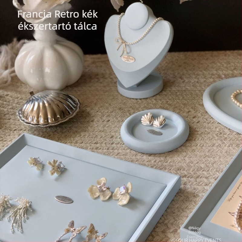 PU bőr ékszer kiállító tálca, retro stílus, babakék