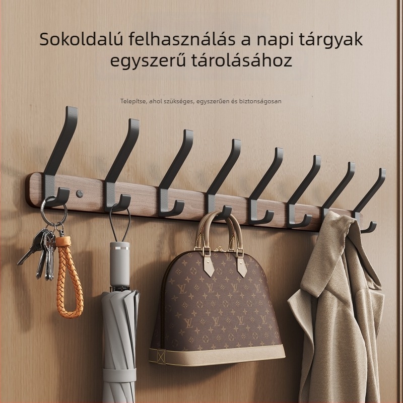 Diófából készült ajtóhorgos, fúrás nélkül, falra szerelhető ruhatartó több soros akasztókkal, északi stílus