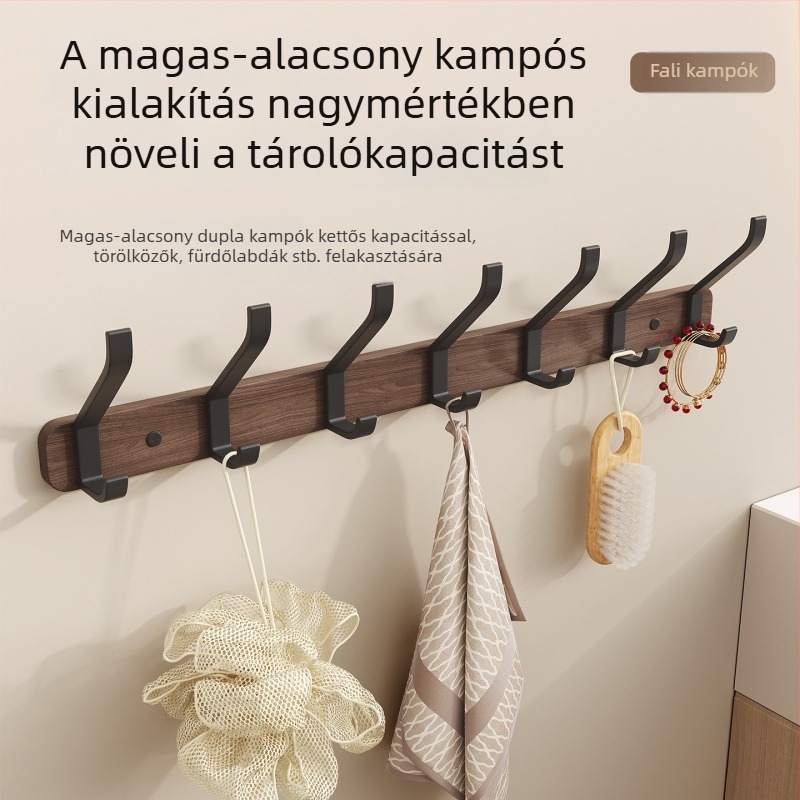 Diófából készült ajtóhorgos, fúrás nélkül, falra szerelhető ruhatartó több soros akasztókkal, északi stílus