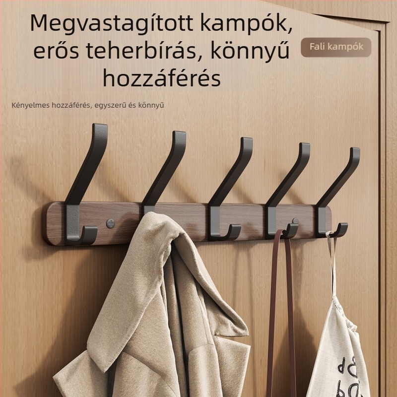 Diófából készült ajtóhorgos, fúrás nélkül, falra szerelhető ruhatartó több soros akasztókkal, északi stílus