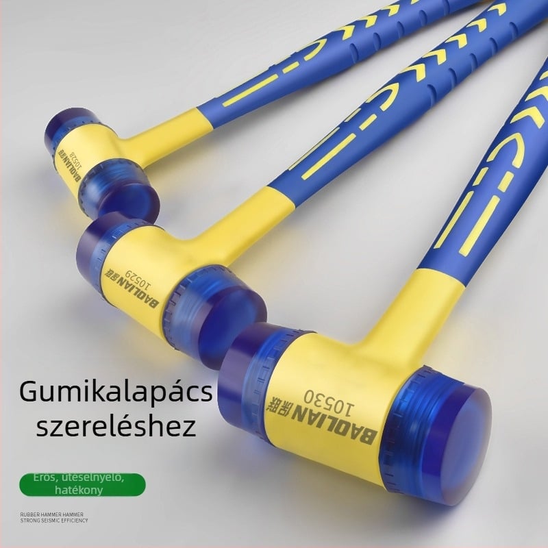 Szilárd gumiból készült kalapács levehető műanyag nyéllel, szigetelő szereléshez; ajtók, ablakok és padlóburkoló lapok ütögetésére.