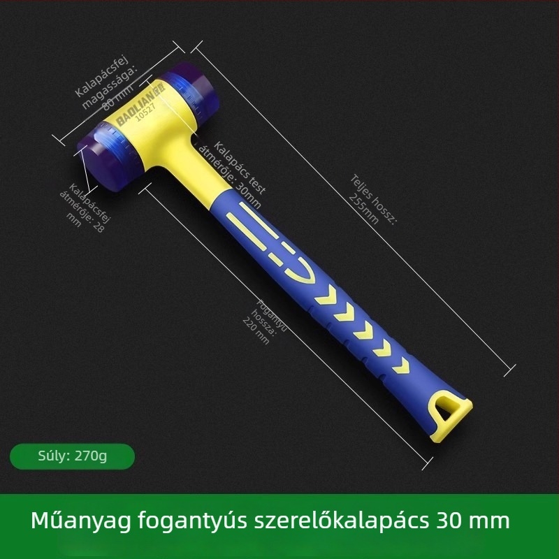Szilárd gumiból készült kalapács levehető műanyag nyéllel, szigetelő szereléshez; ajtók, ablakok és padlóburkoló lapok ütögetésére.