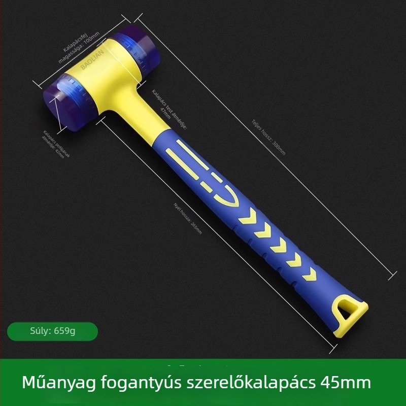 Szilárd gumiból készült kalapács levehető műanyag nyéllel, szigetelő szereléshez; ajtók, ablakok és padlóburkoló lapok ütögetésére.
