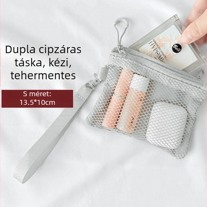Hálós dupla rétegű utazási sminktáska, átlátszó tároló a rúzsok és kábelek számára, dokumentum- és érmetartó