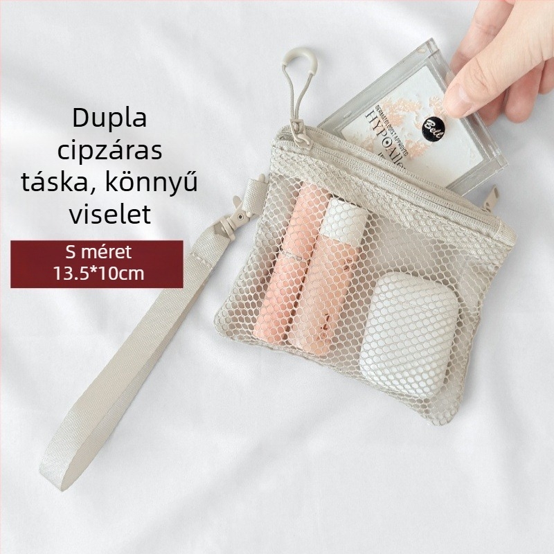 Hálós dupla rétegű utazási sminktáska, átlátszó tároló a rúzsok és kábelek számára, dokumentum- és érmetartó