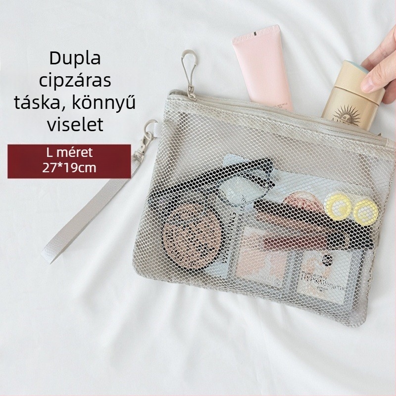Hálós dupla rétegű utazási sminktáska, átlátszó tároló a rúzsok és kábelek számára, dokumentum- és érmetartó