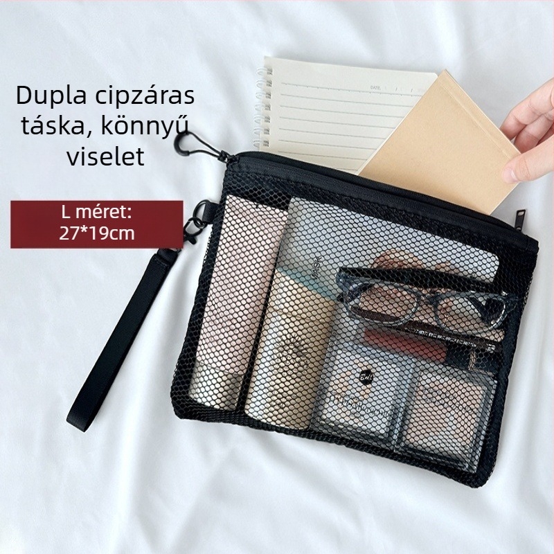 Hálós dupla rétegű utazási sminktáska, átlátszó tároló a rúzsok és kábelek számára, dokumentum- és érmetartó