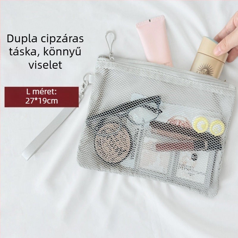 Hálós dupla rétegű utazási sminktáska, átlátszó tároló a rúzsok és kábelek számára, dokumentum- és érmetartó