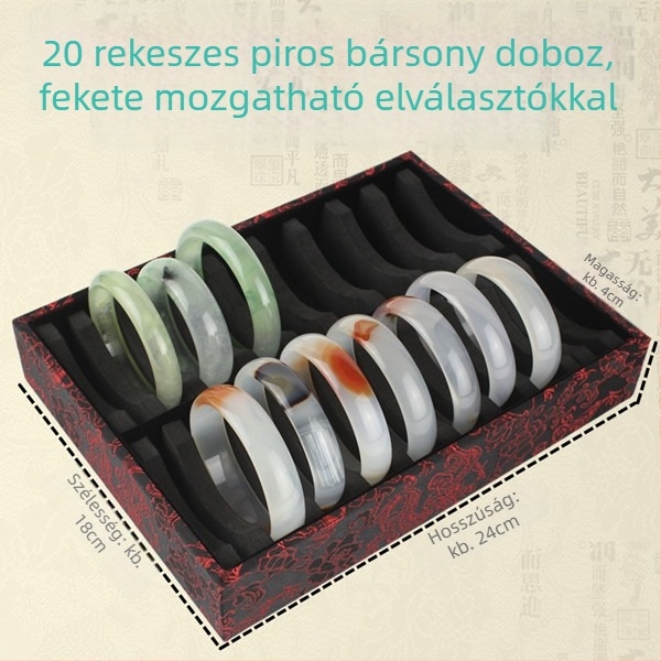 Fa karkötősdoboz 10 vagy 20 rekesszel, jade, arany és ezüst karkötőknek – ékszerek kiállítása és tárolása