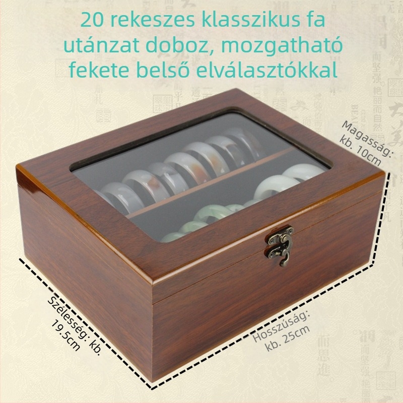 Fa karkötősdoboz 10 vagy 20 rekesszel, jade, arany és ezüst karkötőknek – ékszerek kiállítása és tárolása