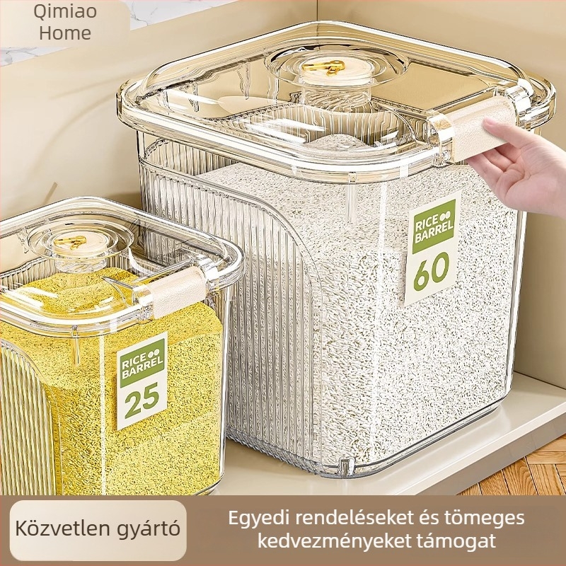 Áttetsző 6–7 L kapacitású élelmiszer-minőségű rizs- és gabonatároló tartály, rovar- és nedvességálló