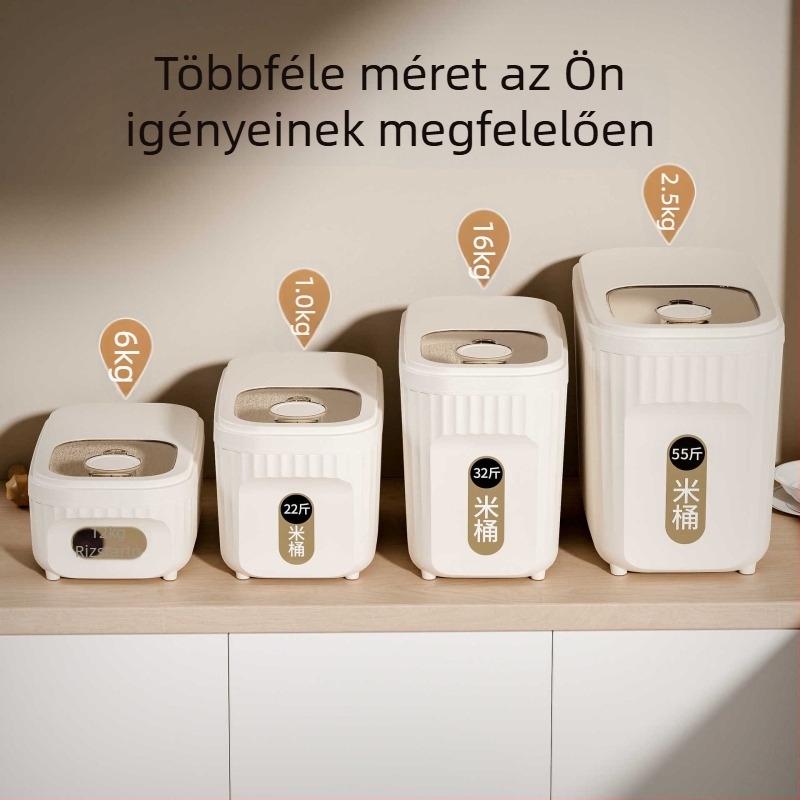 Kettős rekeszű rizstároló otthoni használatra, 2026-os modell, zárható, rovarálló, nedvességálló, gabonatároló tartály, liszttároló üveg