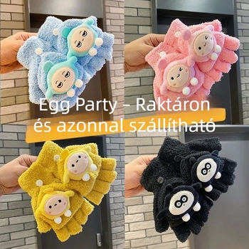 Gyerekek téli vastag kesztyűk, lehajtható felsőrésszel, korall plüss anyagból, rajzfilm mintával, félujjas, íráshoz