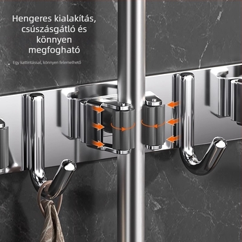 304 rozsdamentes acél falra szerelhető mop- és seprűtartó, fúrás nélkül, fürdőszoba