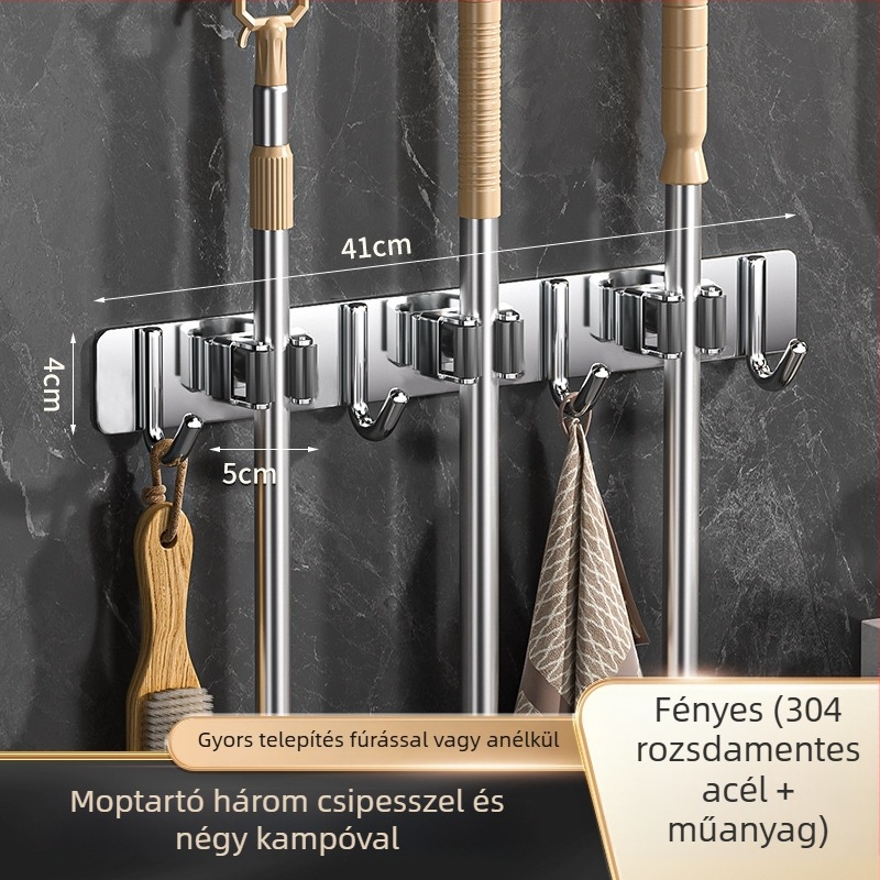 304 rozsdamentes acél falra szerelhető mop- és seprűtartó, fúrás nélkül, fürdőszoba