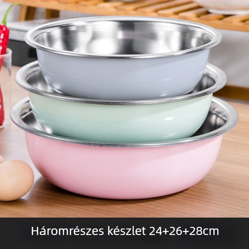 Három darabos rozsdamentes acél konyhai edénykészlet, színes kör alakú mosóedényekkel, leszűrőkosárral és leveses tál.