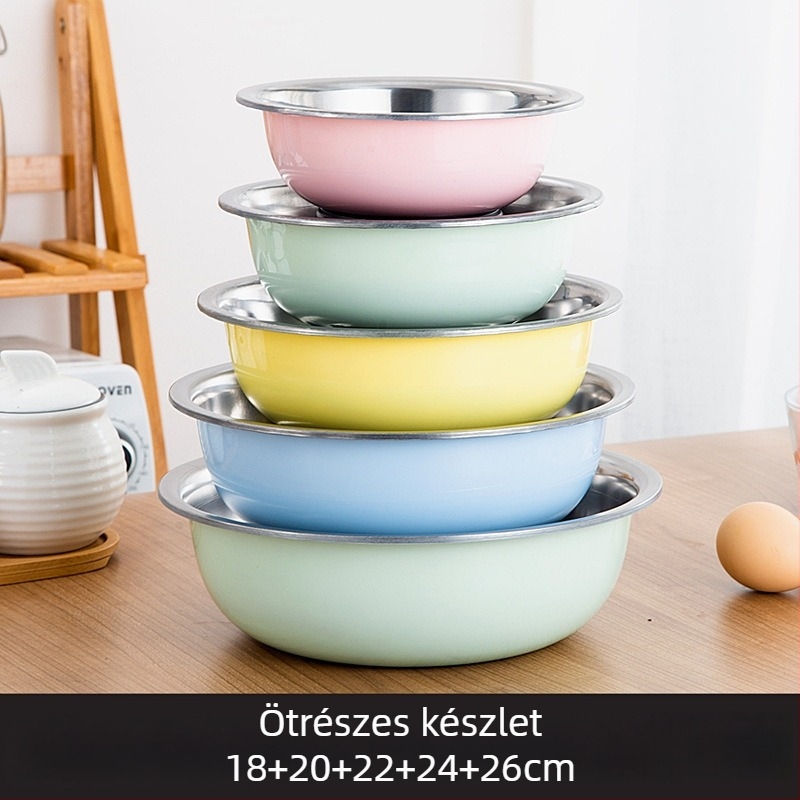 Három darabos rozsdamentes acél konyhai edénykészlet, színes kör alakú mosóedényekkel, leszűrőkosárral és leveses tál.