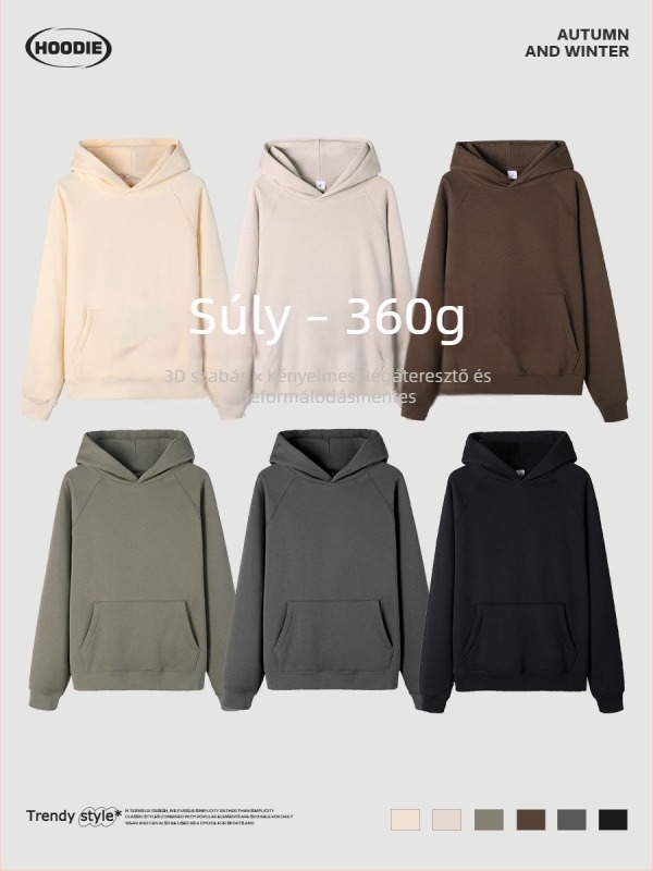 360 g nehéz kapucnis pulóver fleece bélésével, raglán ujjú, egyszínű