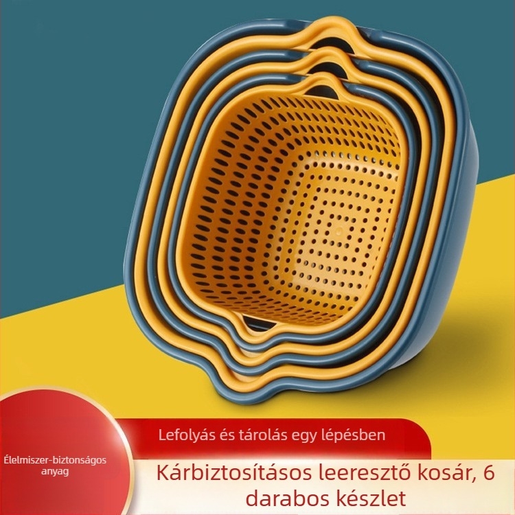 Műanyag két rétegű mosóedény zöldségekhez, szűrő- és lecsepegtető kosárral — multifunkcionális konyhai és otthoni használatra, gyümölcsök és zöldségek számára