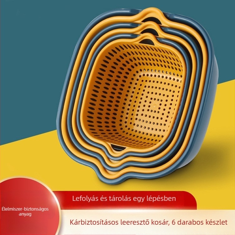 Műanyag két rétegű mosóedény zöldségekhez, szűrő- és lecsepegtető kosárral — multifunkcionális konyhai és otthoni használatra, gyümölcsök és zöldségek számára
