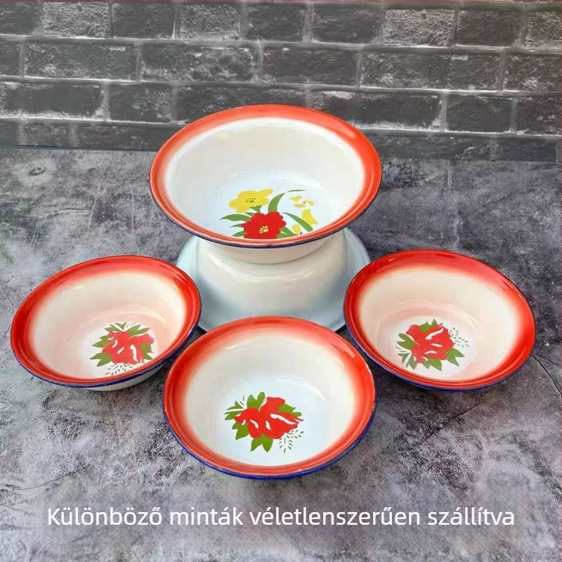 Zománcozott mély tál virágmintás, ovalis alakú, többfunkciós tál leveshez és keveréshez, átmérő 14–14,9 cm, 16–16,9 cm, 18–18,9 cm