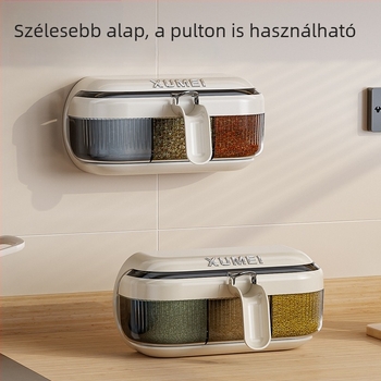Fali szerelésű, többrekeszes fűszertartó – só és fűszerek számára, fúrás nélküli telepítés