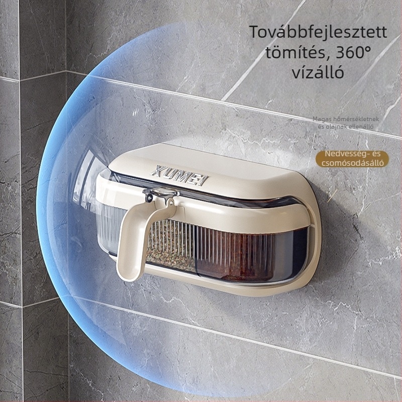 Fali szerelésű, többrekeszes fűszertartó – só és fűszerek számára, fúrás nélküli telepítés