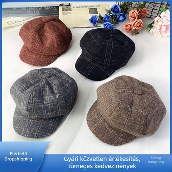 Csecsemő lány beret sapka, őszi-téli, kockás brit stílusú mintázat