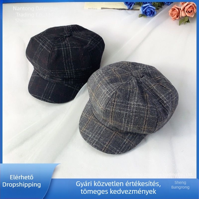 Csecsemő lány beret sapka, őszi-téli, kockás brit stílusú mintázat