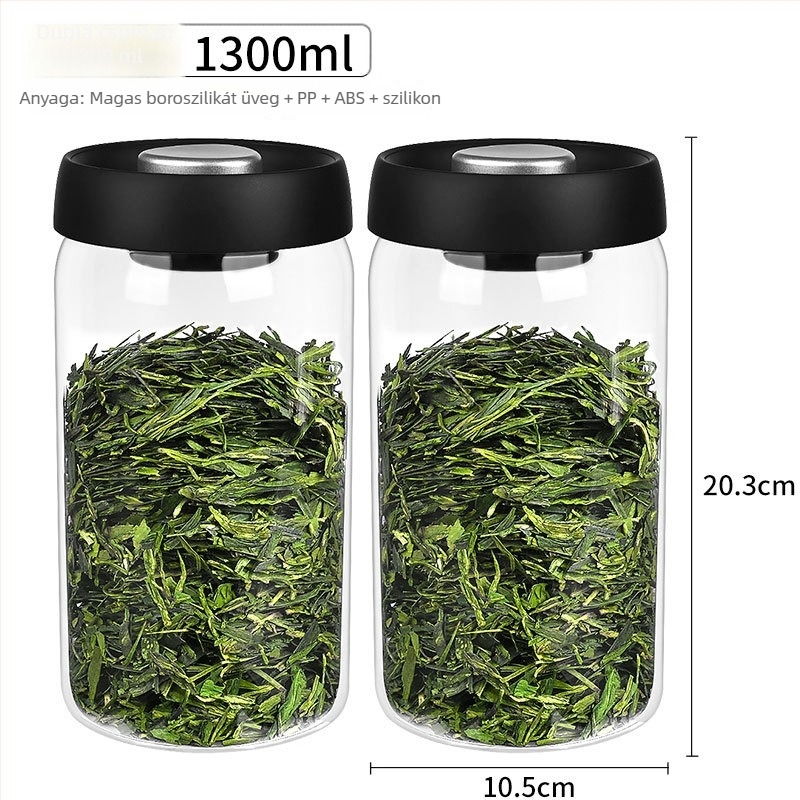 Boroszilikát üveg vákuumzáras tároló tea- és kávébabokhoz, 300 ml