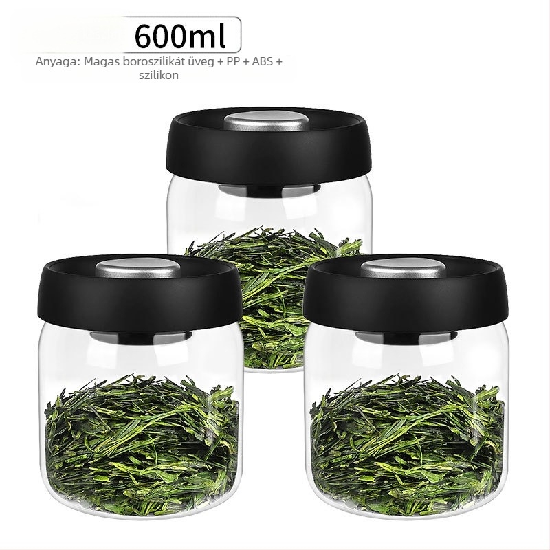 Boroszilikát üveg vákuumzáras tároló tea- és kávébabokhoz, 300 ml