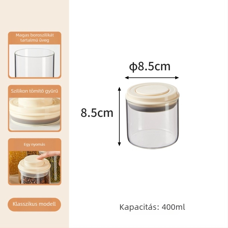 Élelmiszer-minőségű nyomófedelű üveg tároló, kör alakú, 1–2 L kapacitás, tárolásra gabonafélék, aszalt gyümölcsök, snackek és kávébabok