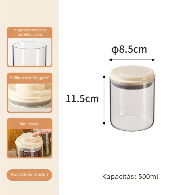Élelmiszer-minőségű nyomófedelű üveg tároló, kör alakú, 1–2 L kapacitás, tárolásra gabonafélék, aszalt gyümölcsök, snackek és kávébabok