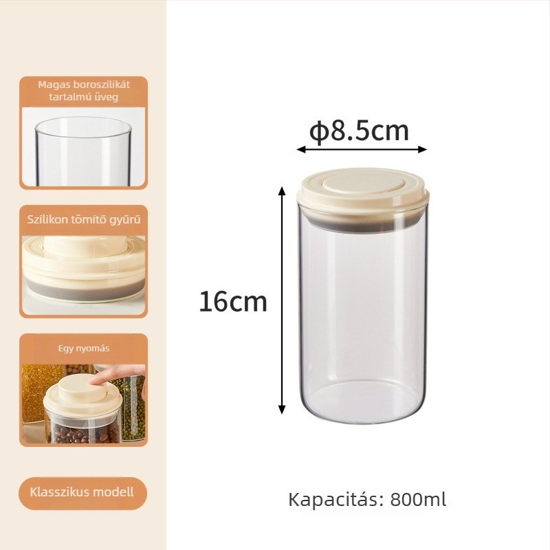 Élelmiszer-minőségű nyomófedelű üveg tároló, kör alakú, 1–2 L kapacitás, tárolásra gabonafélék, aszalt gyümölcsök, snackek és kávébabok