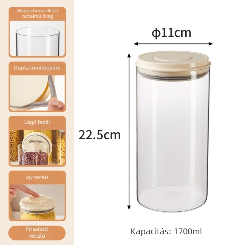 Élelmiszer-minőségű nyomófedelű üveg tároló, kör alakú, 1–2 L kapacitás, tárolásra gabonafélék, aszalt gyümölcsök, snackek és kávébabok