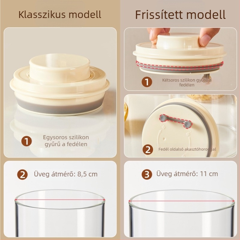 Élelmiszer-minőségű nyomófedelű üveg tároló, kör alakú, 1–2 L kapacitás, tárolásra gabonafélék, aszalt gyümölcsök, snackek és kávébabok
