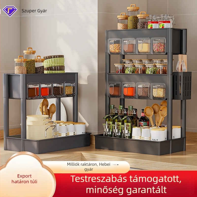Padlóra álló konyhai tárolóállvány fűszertartóval és késakasztóval