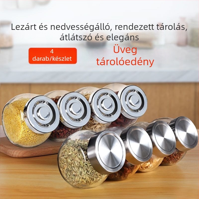 Üvegből készült zárt tároló fűszerekhez, teához és gabonákhoz – nedvességálló, ovális alakú, 300 ml