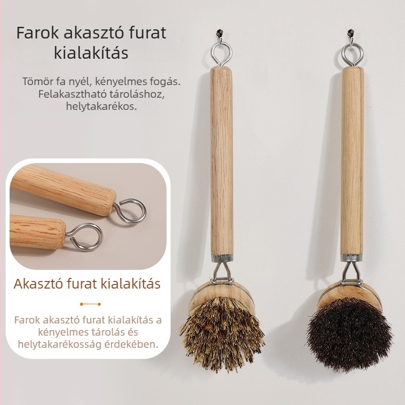 Csere edényecset hosszú nyéllel és fa markolattal — lófarok, kókuszrost és szisal rostok