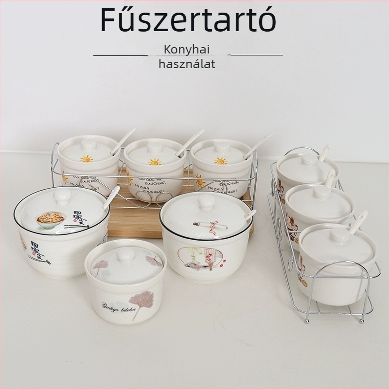 Kerámia fűszertartó fedéllel és kanállal, konyhai sótartó állvánnyal, otthoni használatra