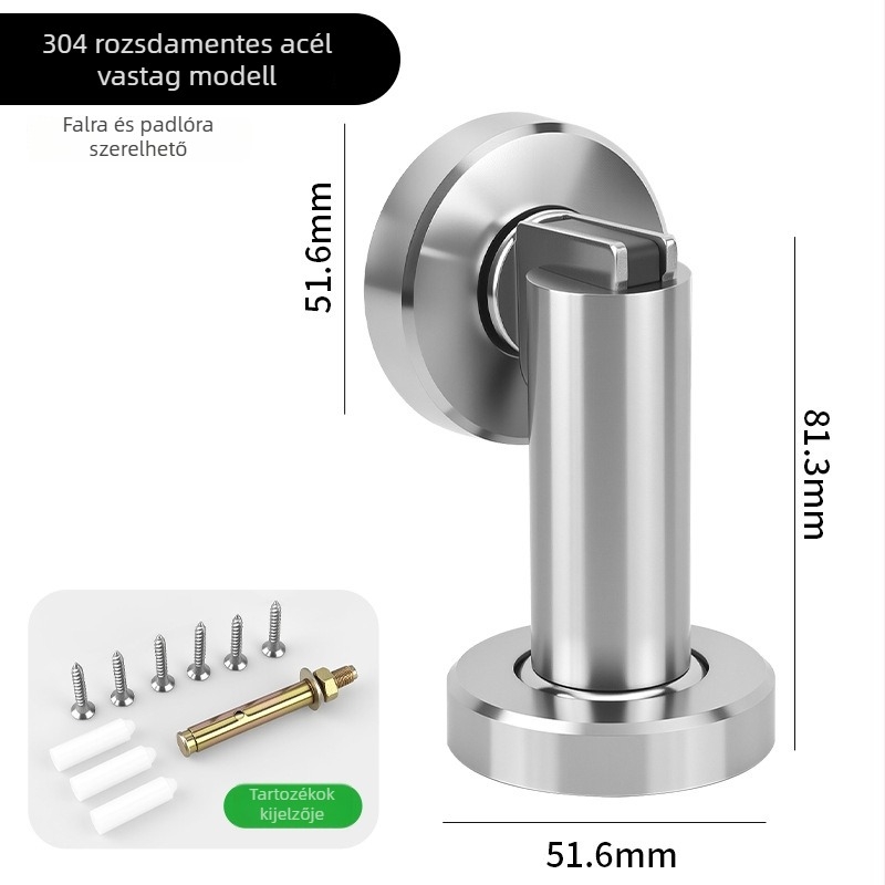 304 rozsdamentes acél ajtóstopper, fekete, erős mágnes, vastított kivitel, fal- és padló-montázs, ütközés elleni, mágneses vonzás