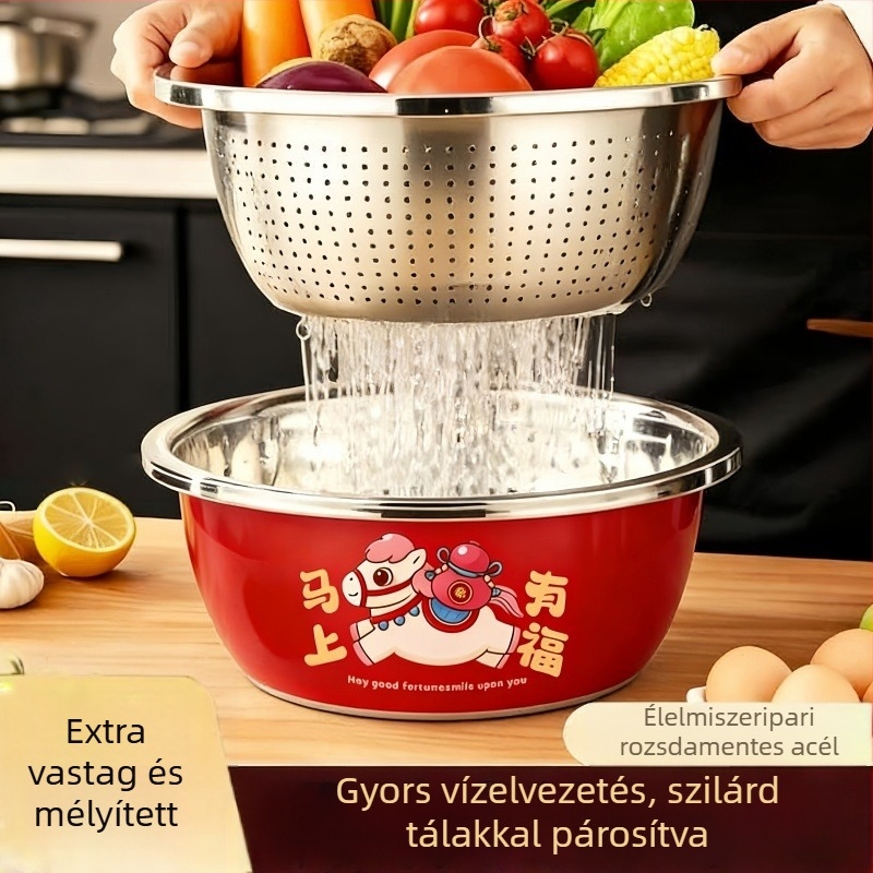 Piros rozsdamentes acél konyhai mosóedény szűrőkosárral és rizsszitával – vastagabb és mélyebb, multifunkcionális zöldségek mosásához.