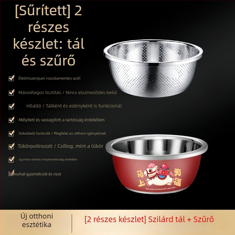 Piros rozsdamentes acél konyhai mosóedény szűrőkosárral és rizsszitával – vastagabb és mélyebb, multifunkcionális zöldségek mosásához.