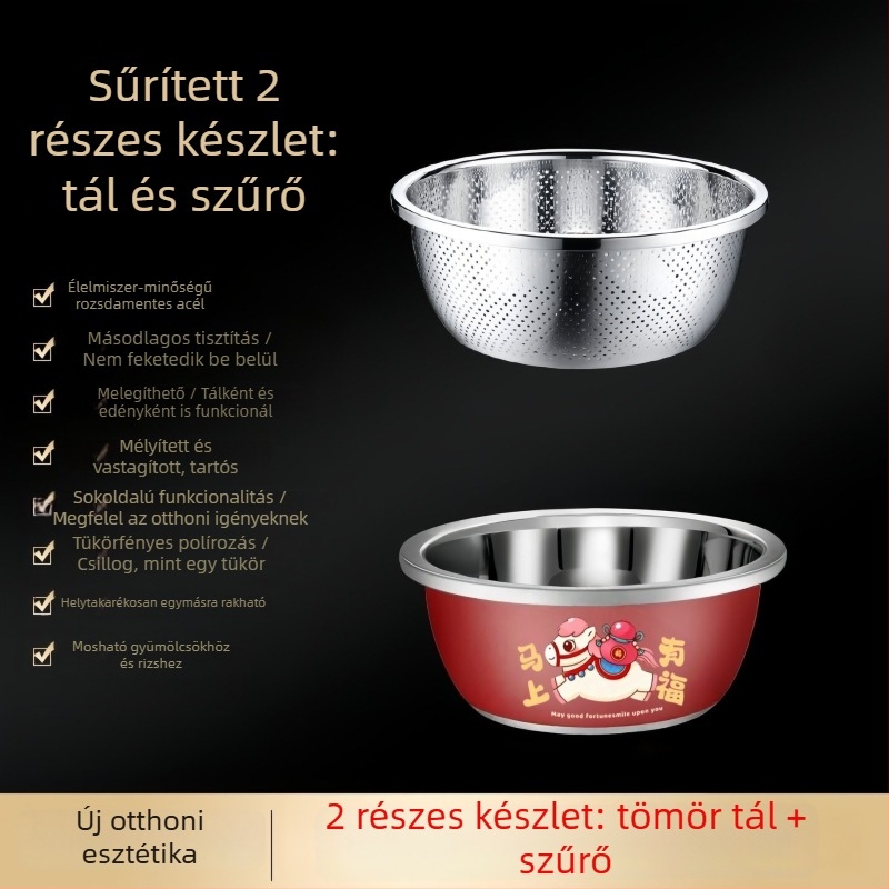 Piros rozsdamentes acél konyhai mosóedény szűrőkosárral és rizsszitával – vastagabb és mélyebb, multifunkcionális zöldségek mosásához.
