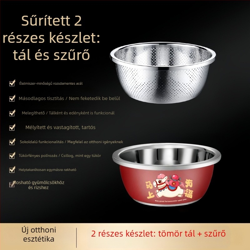 Piros rozsdamentes acél konyhai mosóedény szűrőkosárral és rizsszitával – vastagabb és mélyebb, multifunkcionális zöldségek mosásához.