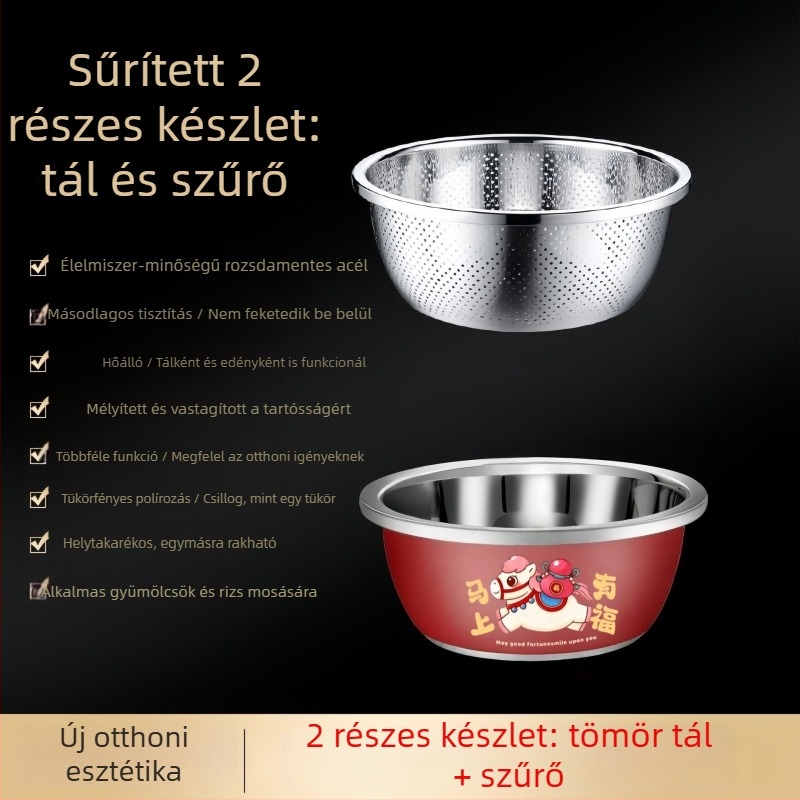 Piros rozsdamentes acél konyhai mosóedény szűrőkosárral és rizsszitával – vastagabb és mélyebb, multifunkcionális zöldségek mosásához.