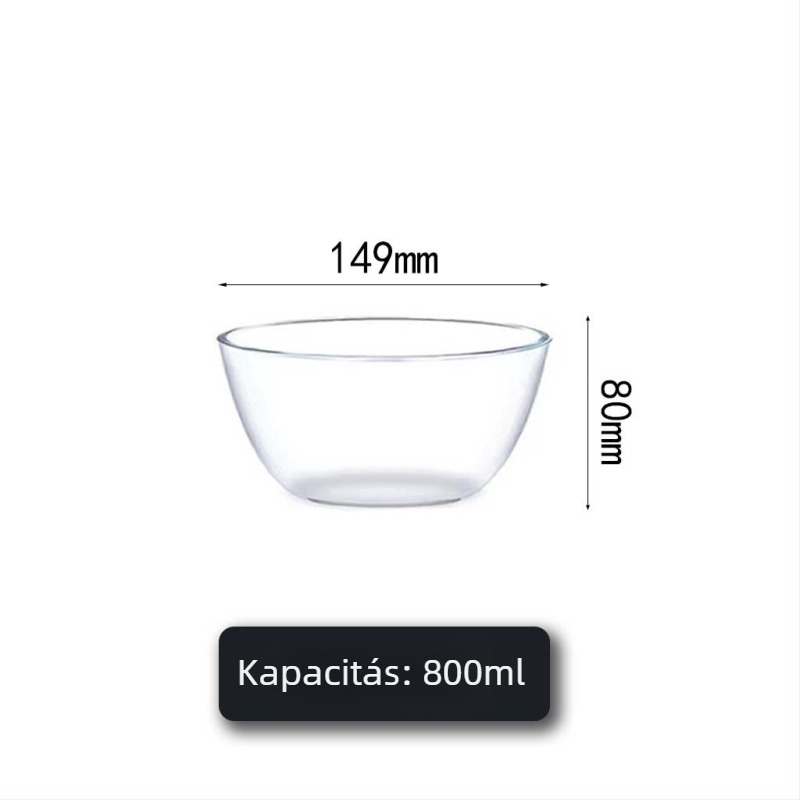 Erősített üvegből készült keverő tál, nagy kapacitású, átlátszó, mikróban használható, tészta dagasztására, tojások felverésére, salátákhoz, levesekhez és sütéshez