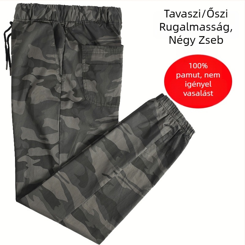 Férfi pamut tréningnadrág bokához illeszkedő mandzsettával, tavasz–őszre, tartós, vasalásmentes