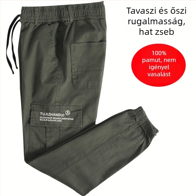 Férfi pamut tréningnadrág bokához illeszkedő mandzsettával, tavasz–őszre, tartós, vasalásmentes