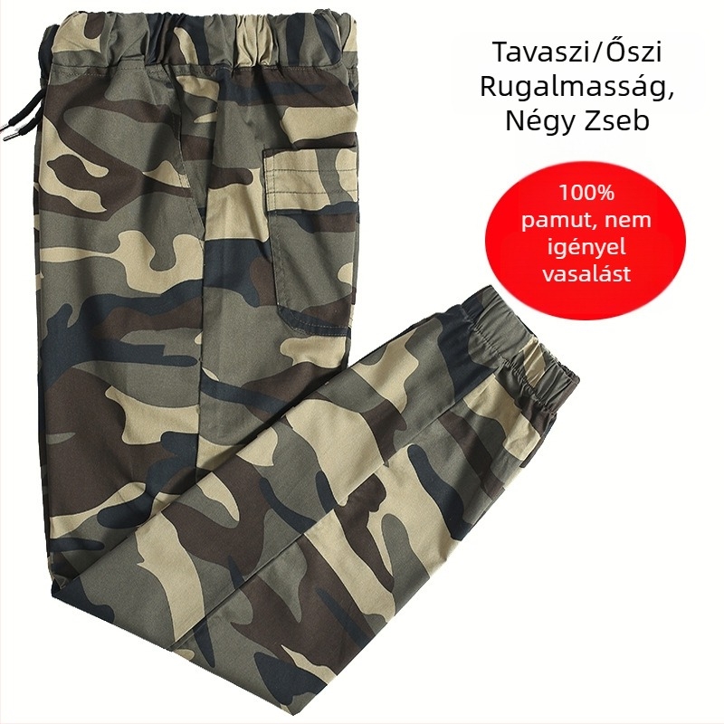 Férfi pamut tréningnadrág bokához illeszkedő mandzsettával, tavasz–őszre, tartós, vasalásmentes